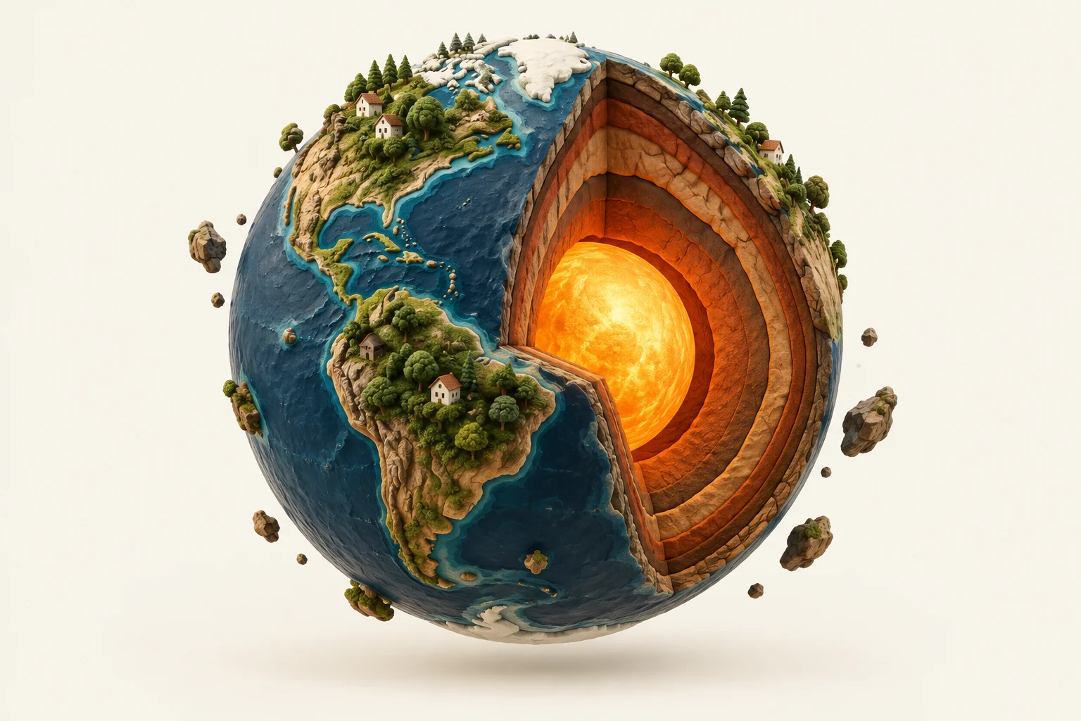 A miniature Earth opened to reveal layers of rock and a glowing orange core, with tiny homes and trees on its surface